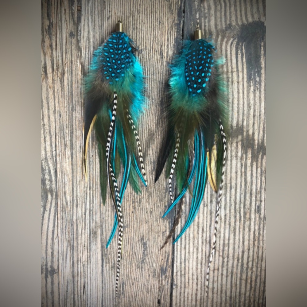 Feather Earrings, Blue, Turquoise, Brown, Black, Natural, One of a Kind